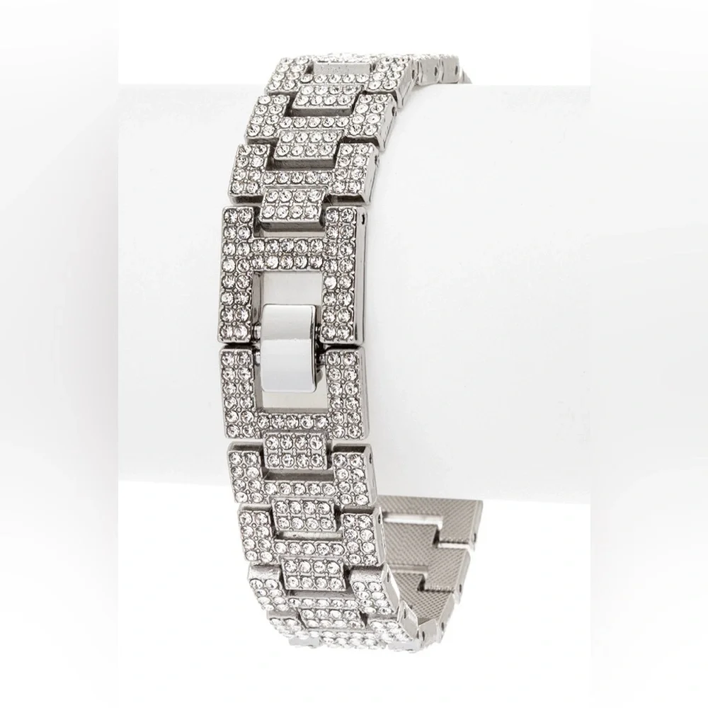 Silver Rhinestone Cuban Chain Bracelet